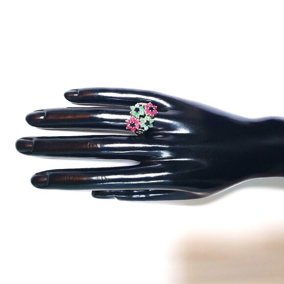 One-of-a-Kind Vintage Natural Emerald, Ruby & Sapphire 925 Silver Statement Ring - Picture 3 of 14